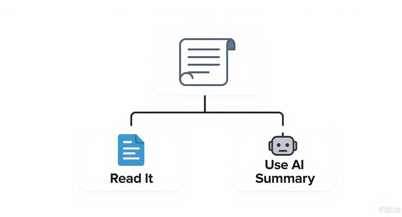 A flowchart demonstrating two options for processing an article: either reading it manually or using an AI summary.