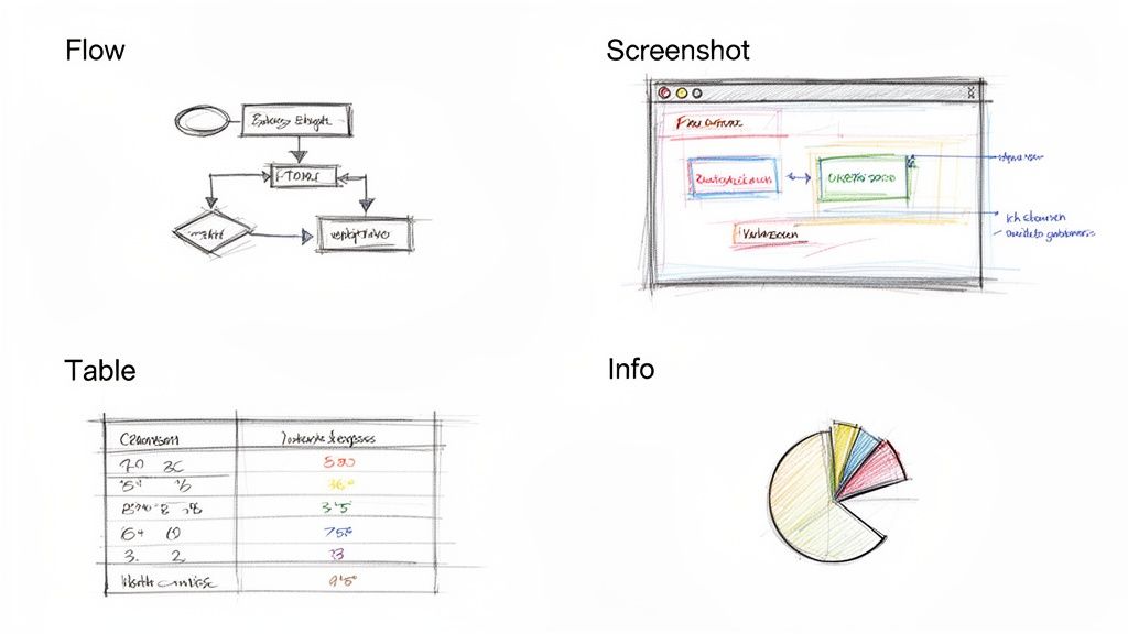 Hand-drawn sketches illustrating various technical documentation elements: a flow chart, UI, table, and pie chart.