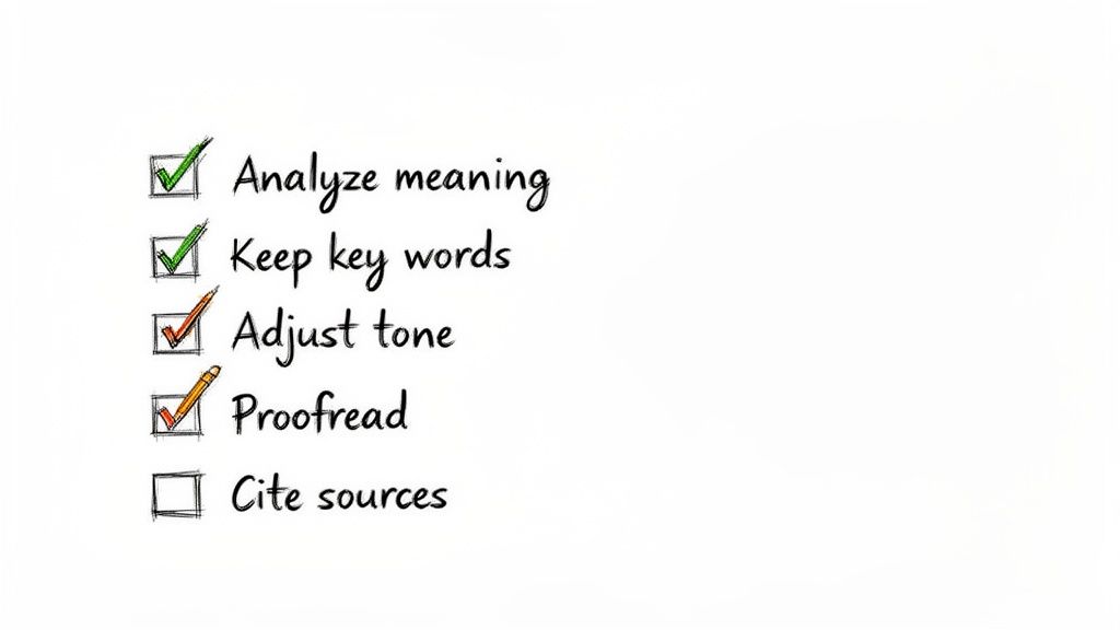 A handwritten checklist for editing or rewriting text, with four items checked and one unchecked.