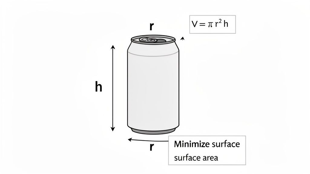 Diagram of a cylinder (can) with radius 'r' and height 'h', showing volume formula V=πr²h, illustrating an optimization problem.