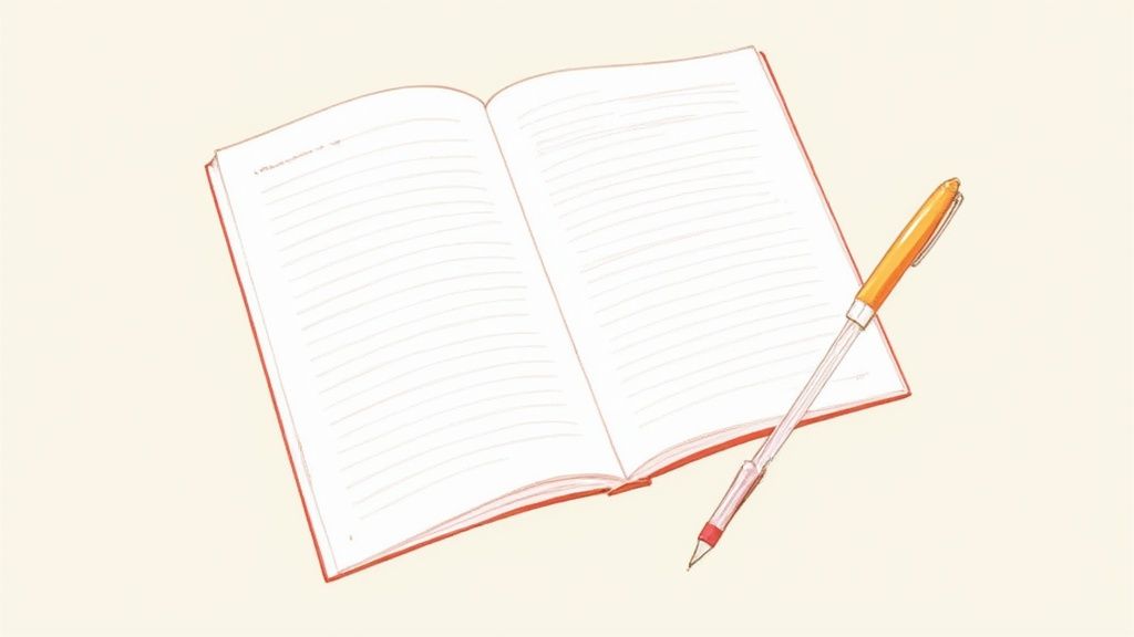 An open, lined notebook with a pen resting across its pages, on a plain, light background.