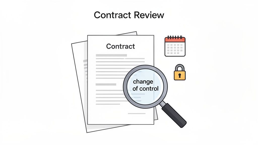 Illustrative image showing contract review with a magnifying glass highlighting 'change of control' clause.