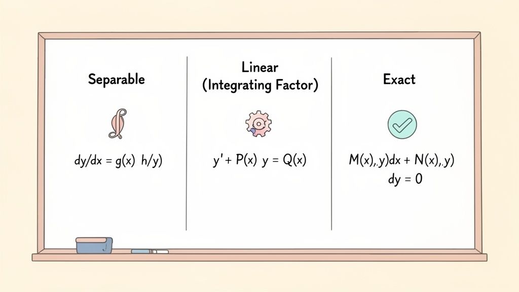 Whiteboard displaying three types of first-order differential equations: separable, linear, and exact methods.