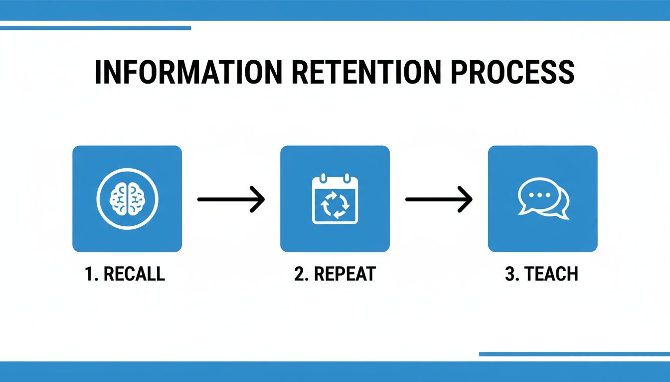 Flowchart illustrating the information retention process with three key steps: recall, repeat, and teach, represented by icons.