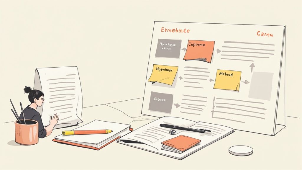 A person organizes research ideas using a flowchart board, sticky notes, and open notebooks.