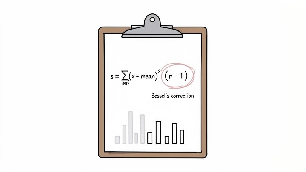 A clipboard displays the standard deviation formula highlighting Bessel's correction and a bar chart.