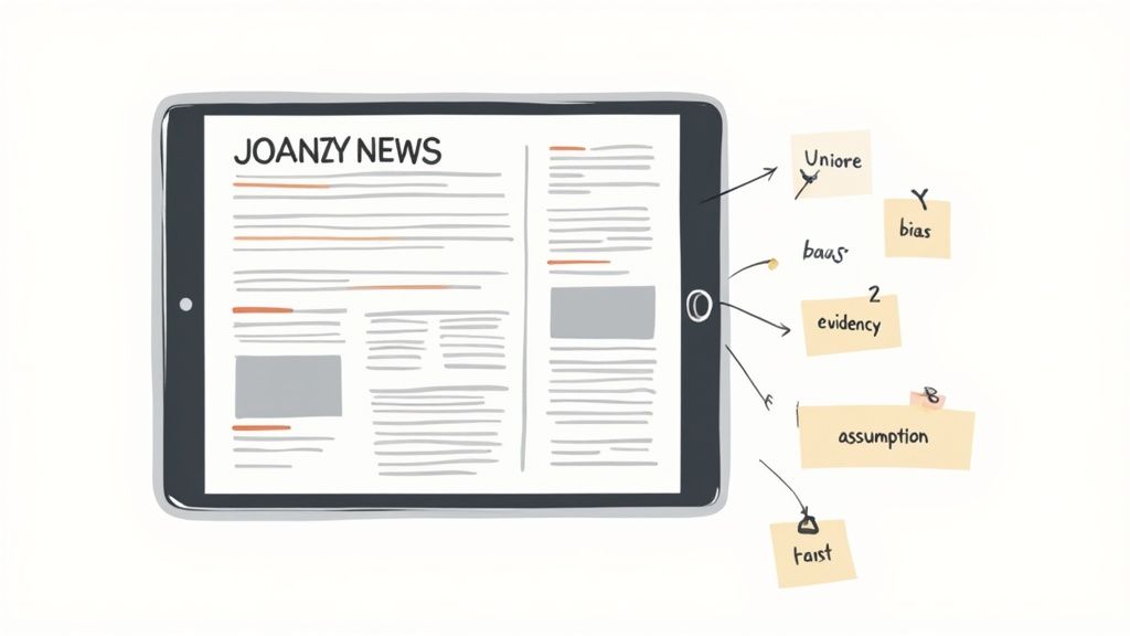 A tablet displays a 'JOANZY NEWS' article, surrounded by sticky notes with critical thinking terms like bias and evidence.