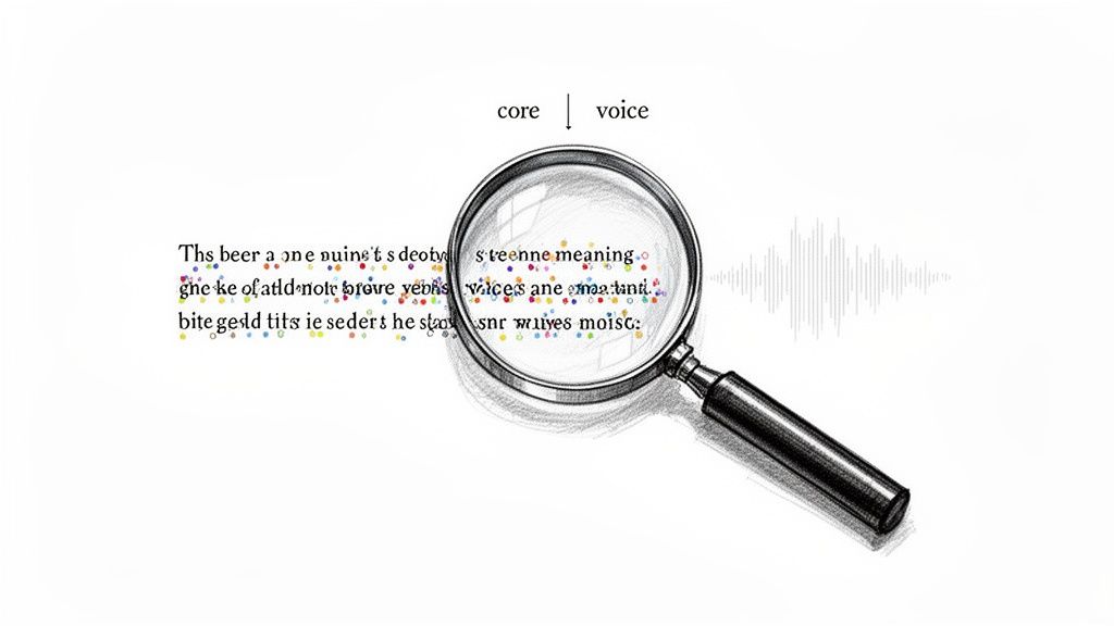 A magnifying glass examines text with colorful dots, linking 'core' and 'voice' with a sound wave.
