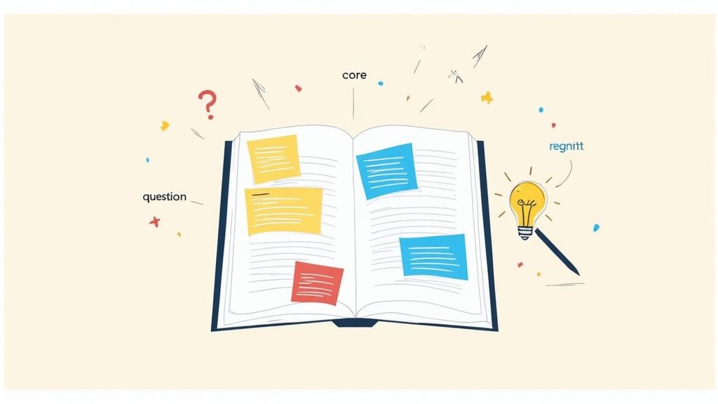 An open book with colorful sticky notes, a question mark, a lightbulb, and a pencil, representing learning.