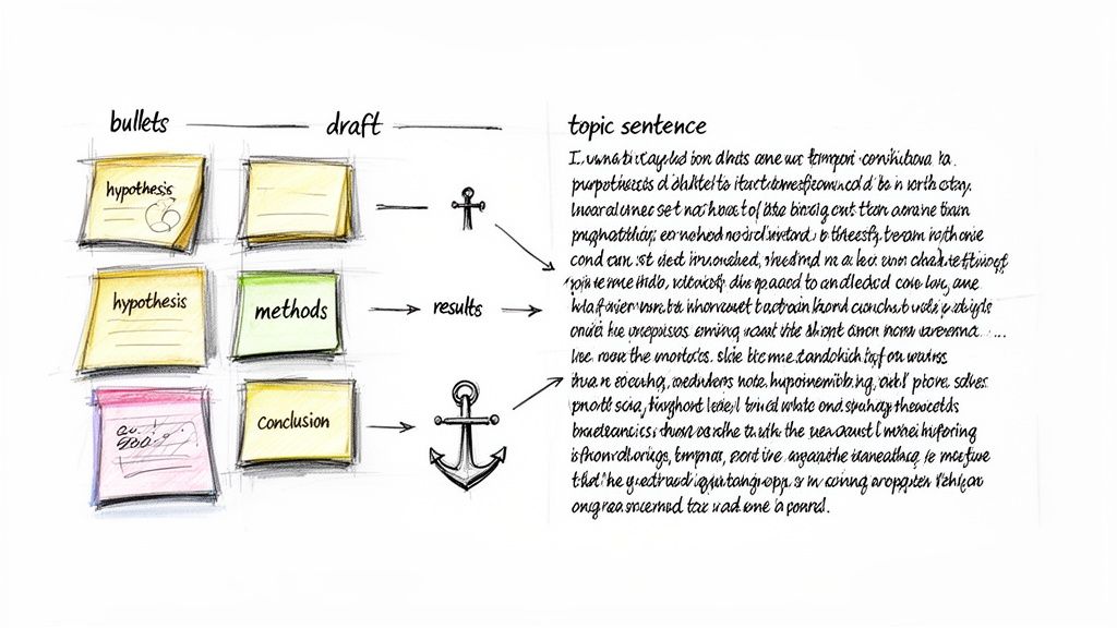 Diagram illustrating the process of turning research bullets like hypothesis, methods, and conclusion into a structured article draft.