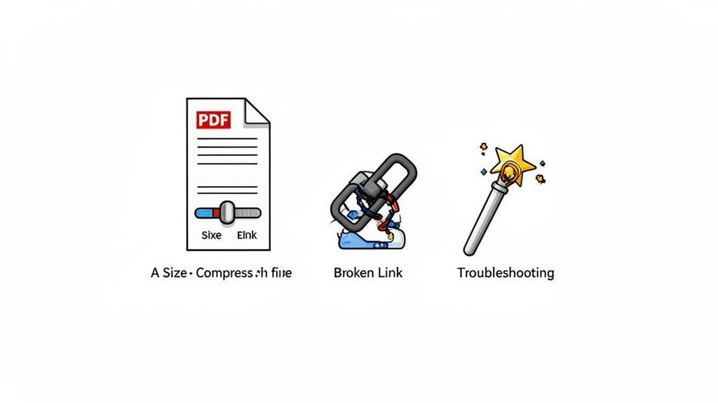 Three icons: PDF file compression, a broken link, and a troubleshooting magic wand.