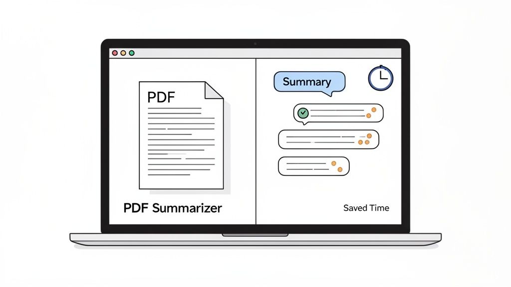A laptop screen shows a PDF summarizer application, highlighting efficient document review and saved time.
