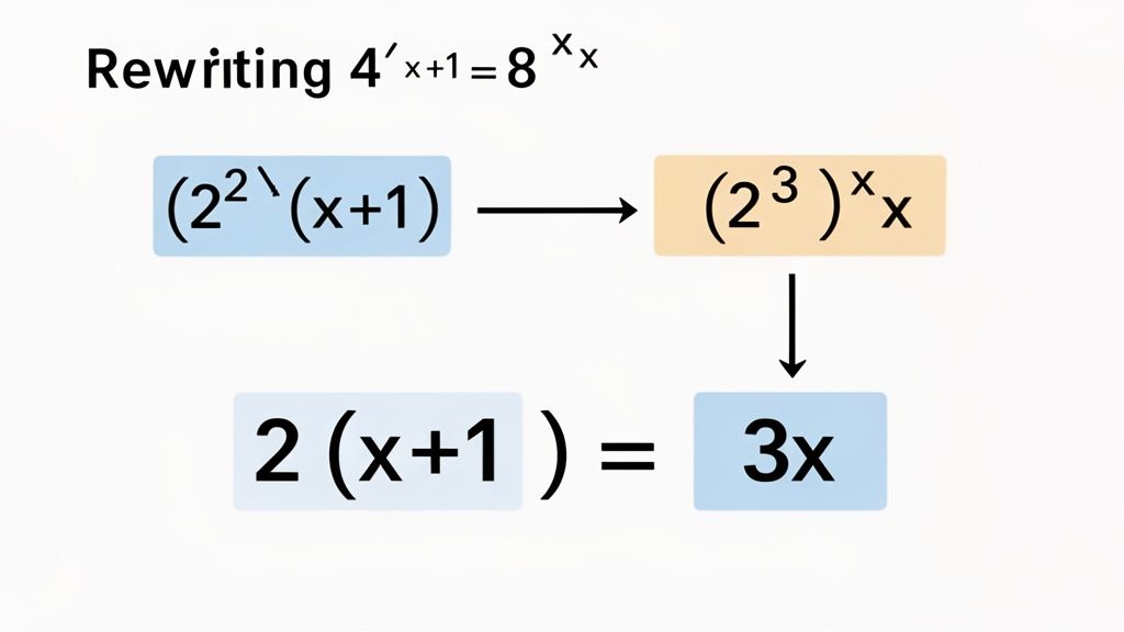 Steps demonstrating how to rewrite and simplify an exponential equation for solving.