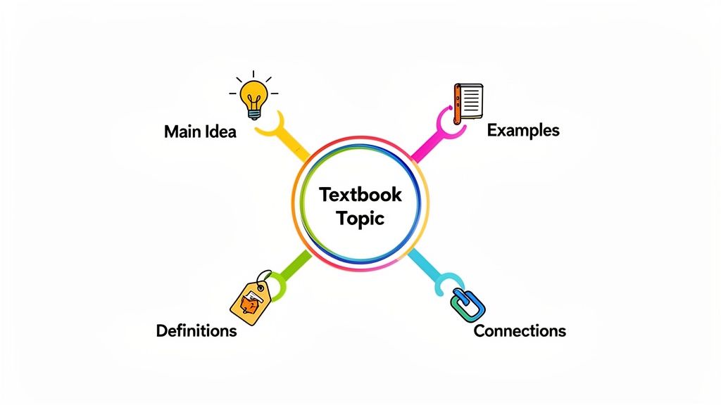 A colorful diagram illustrating a textbook topic broken down into main idea, examples, definitions, and connections.
