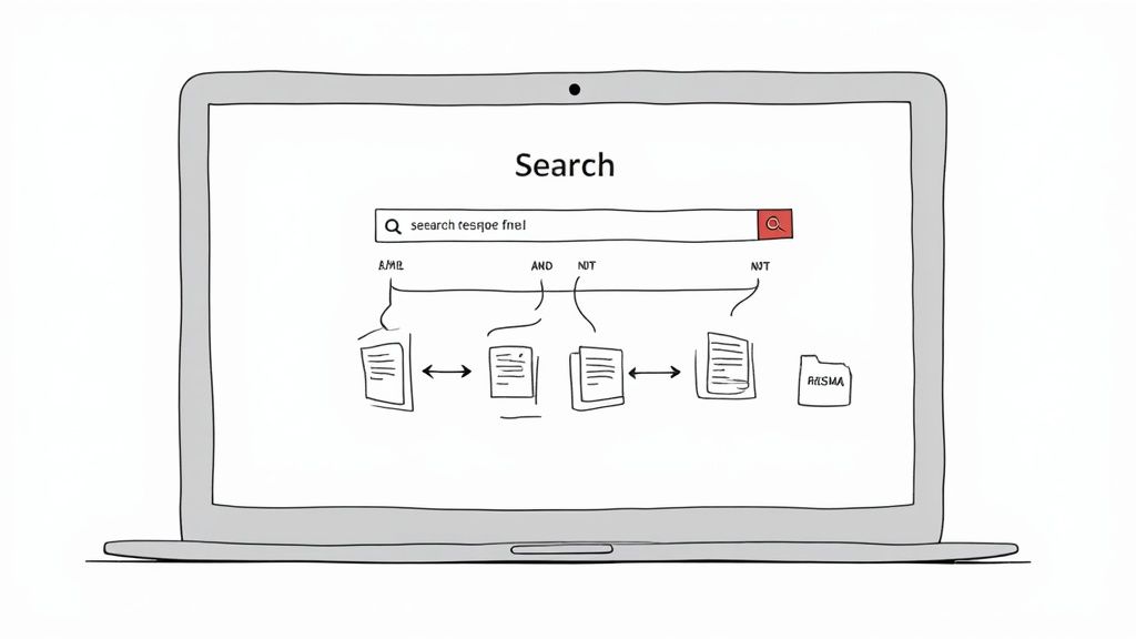 A laptop screen showing a search interface with a query and a diagram of document processing.