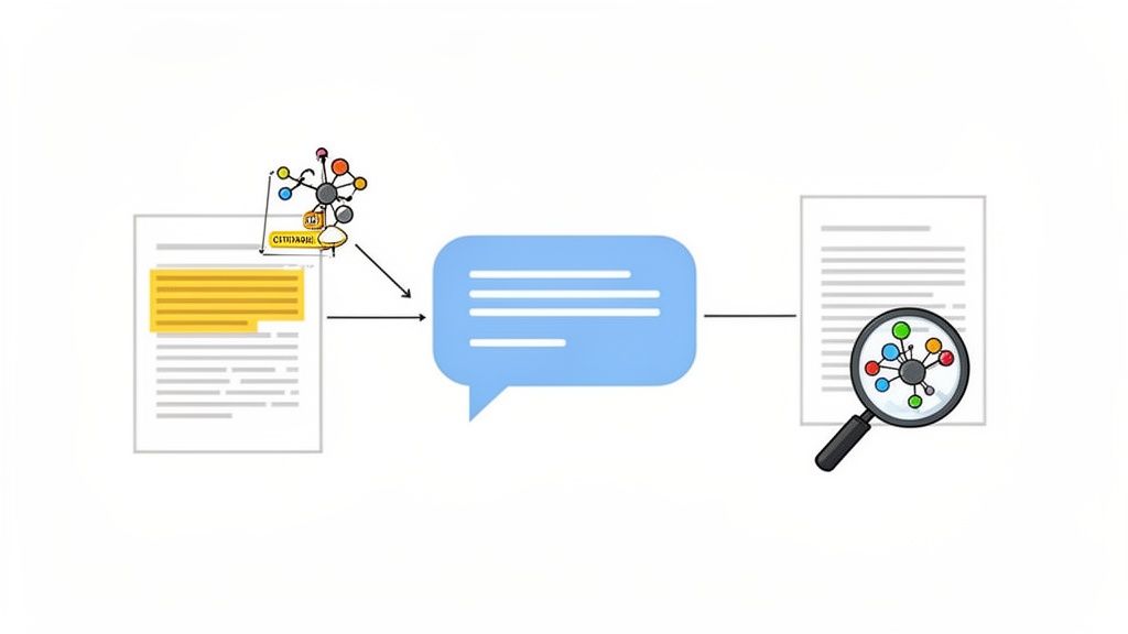 Diagram showing document processing: text extraction, query processing, and knowledge graph search.