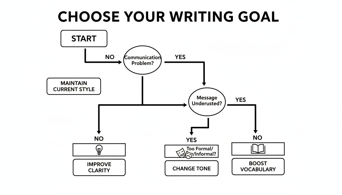 A flowchart titled 'Choose Your Writing Goal' guiding users through communication problems to improve writing.