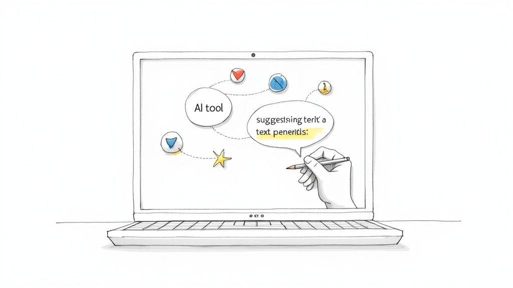 A hand writes on a laptop screen where an AI tool suggests text content and concepts.