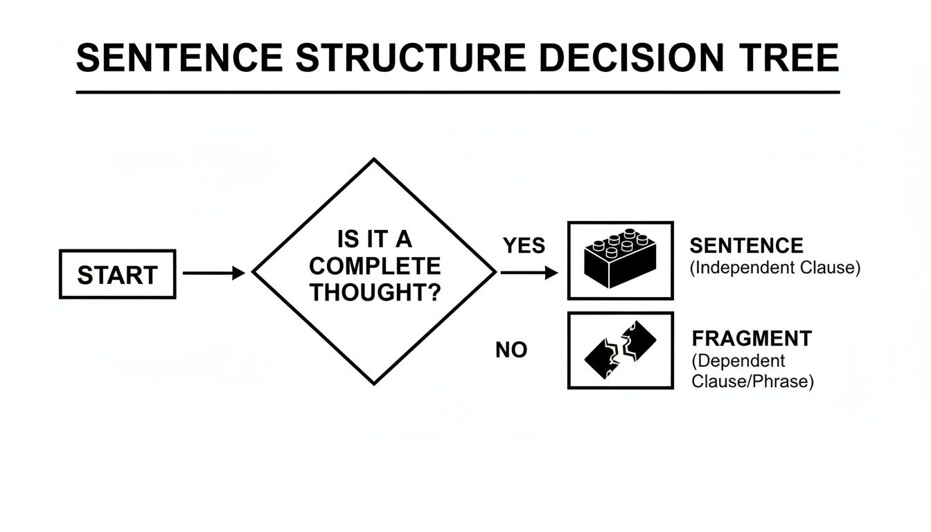 A flowchart explaining sentence structure, differentiating between complete sentences (independent clauses) and fragments.