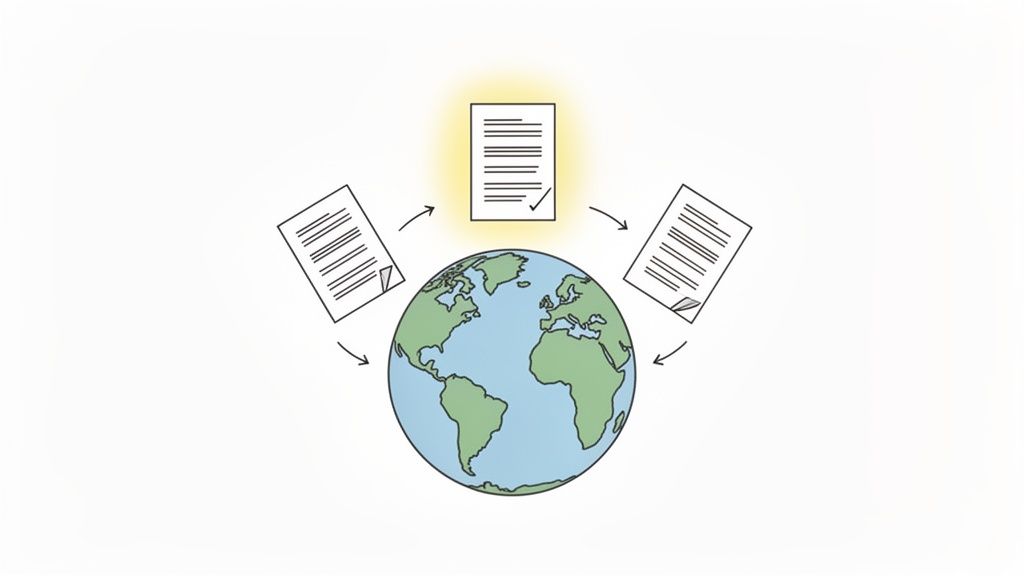 Three documents with arrows circulate around a globe, one highlighted with a checkmark, symbolizing global information flow.