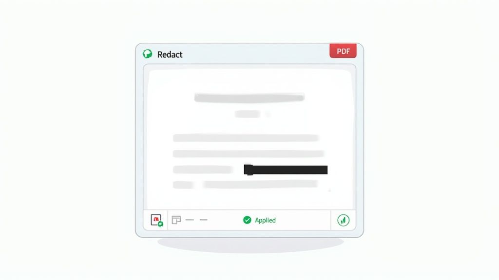 A software window showing a document with text being redacted, indicating a PDF redaction tool.