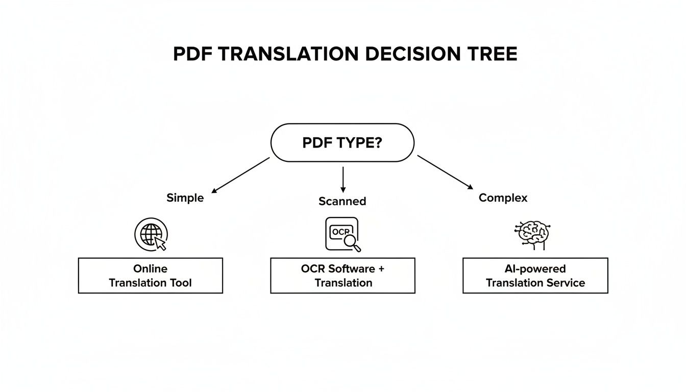 A PDF translation decision tree guiding users to choose tools based on PDF type: simple, scanned, or complex.