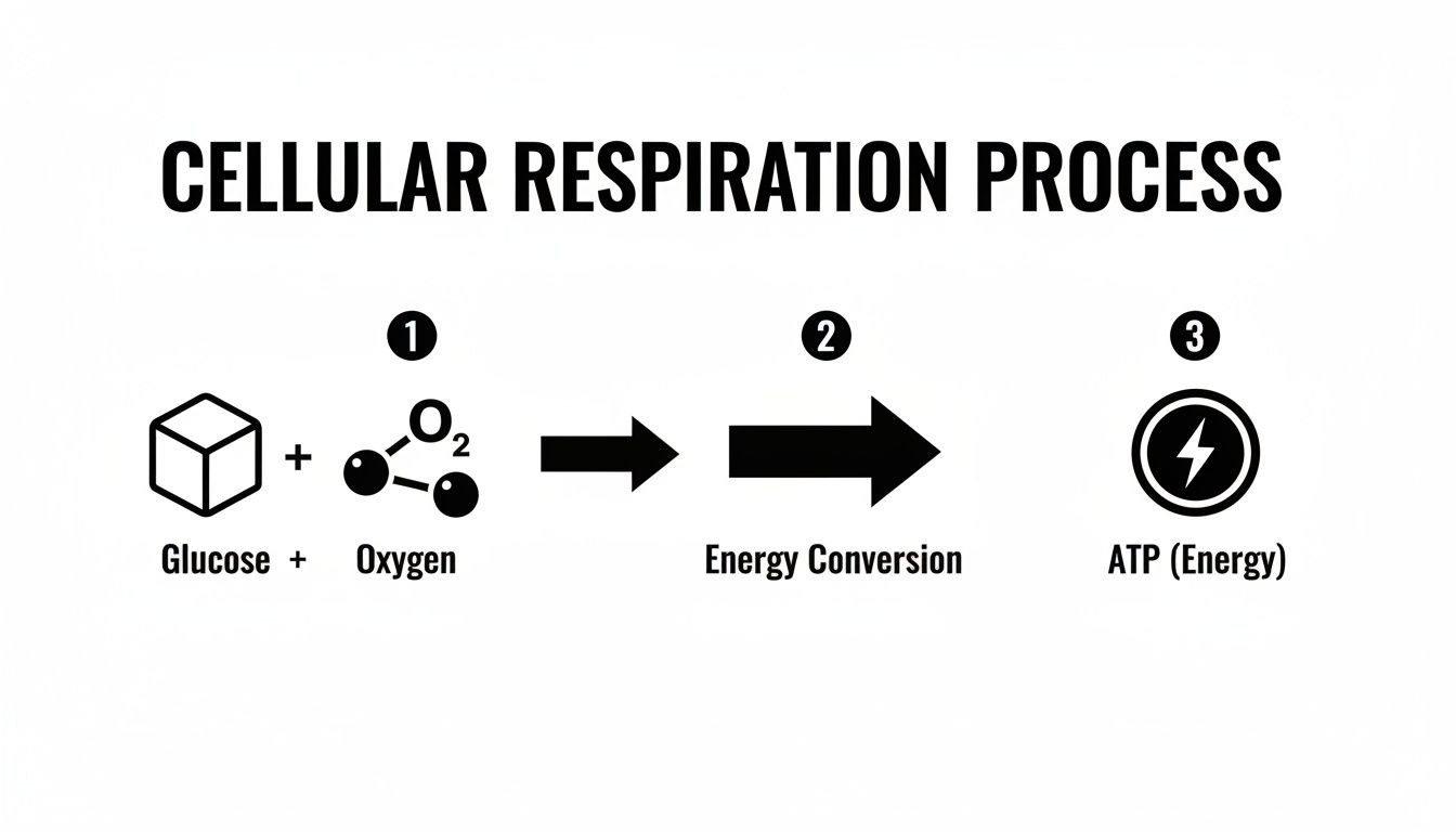 A simplified diagram illustrates the cellular respiration process, transforming glucose and oxygen into ATP energy.