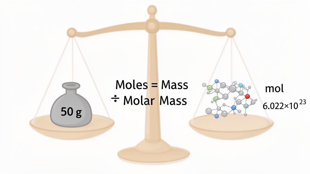 A chemical balance scale compares mass (50g) to moles, showing Avogadro's number and the moles calculation formula.