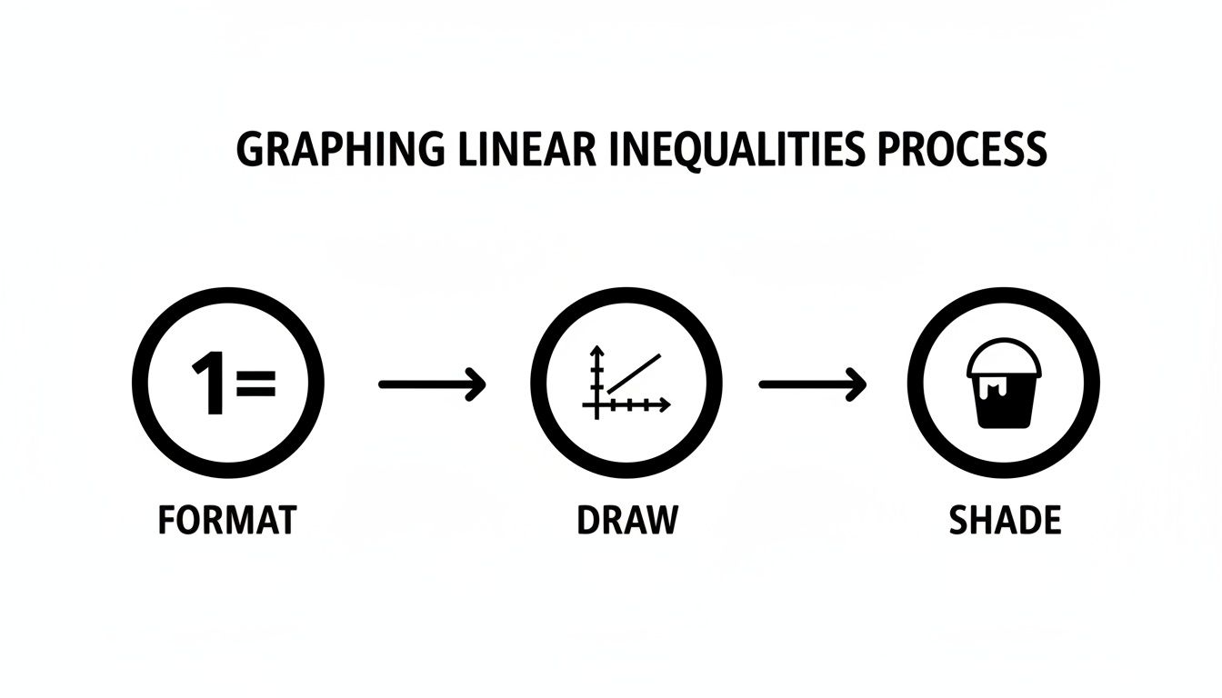 A three-step diagram showing the process for graphing linear inequalities: format, draw, and shade.