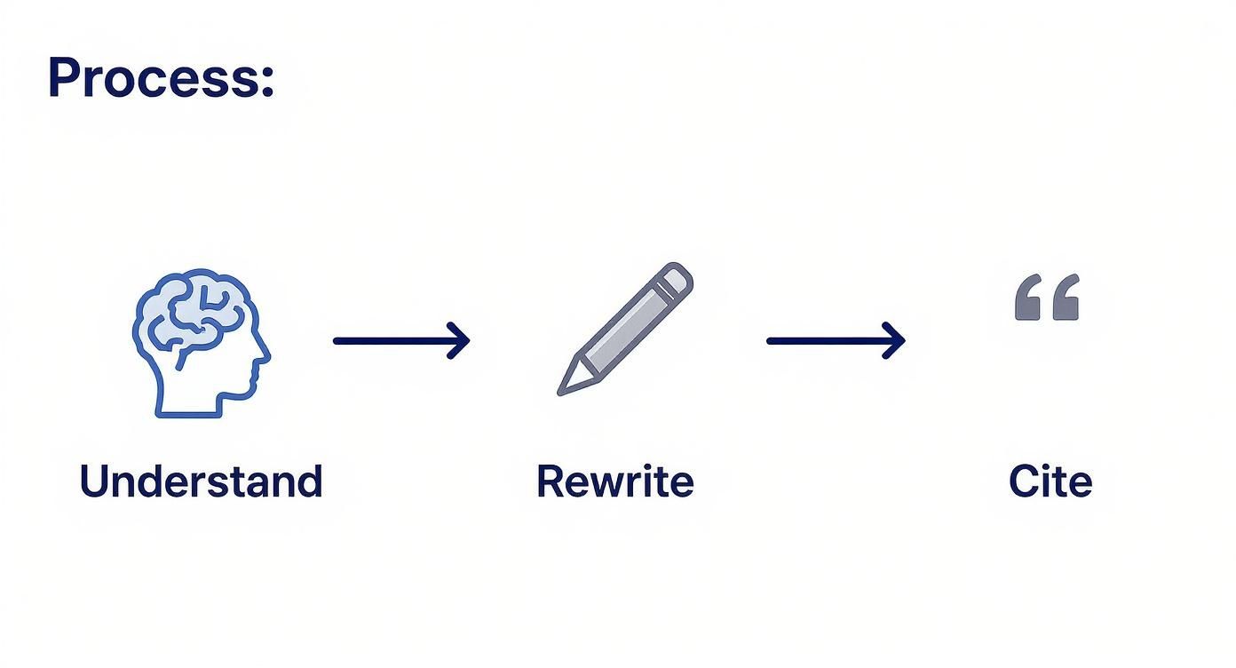 Visual diagram illustrating a three-step process: Understand, Rewrite, and Cite.