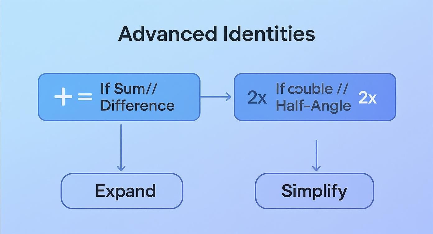 A flowchart illustrating steps for solving advanced trigonometric identities, including sum, difference, double, and half-angle, leading to expansion or simplification.