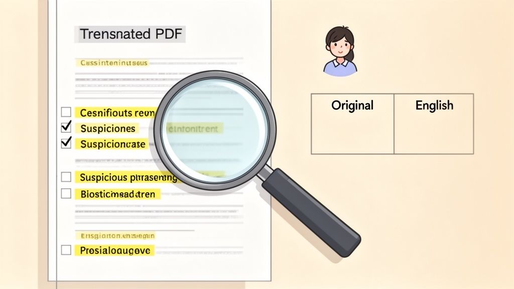 A person reviews a 'Trensnated PDF' document with a magnifying glass, highlighting suspicious translated text.