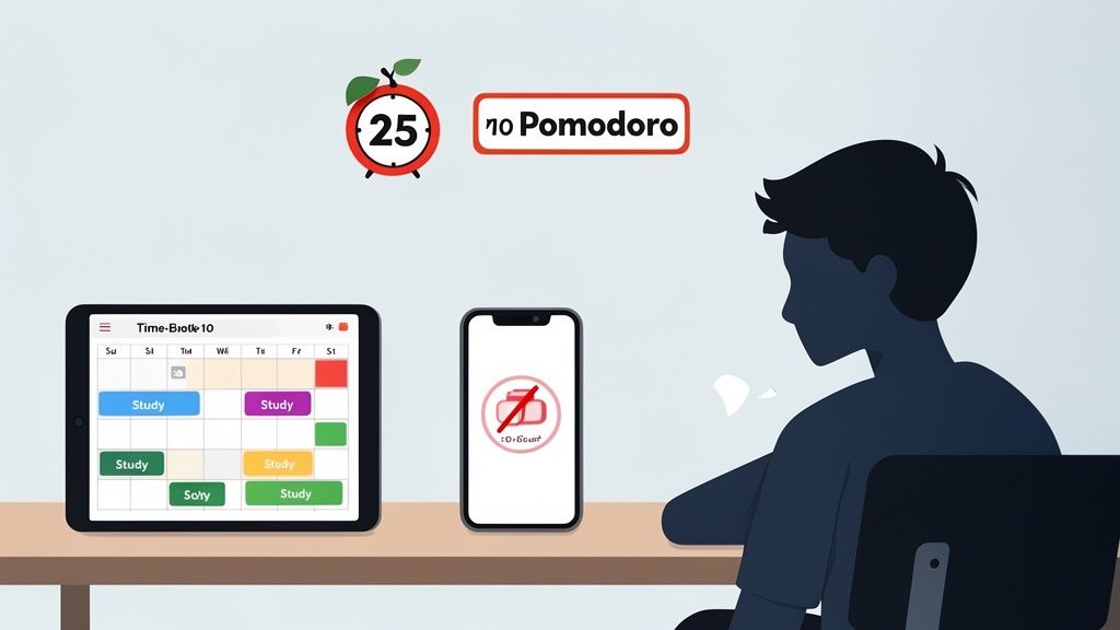 Illustration of a person studying with a tablet, smartphone in focus mode, and a Pomodoro timer.