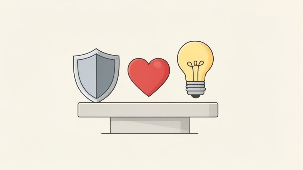 A grey shield, a red heart, and a yellow lightbulb displayed on a grey stand.