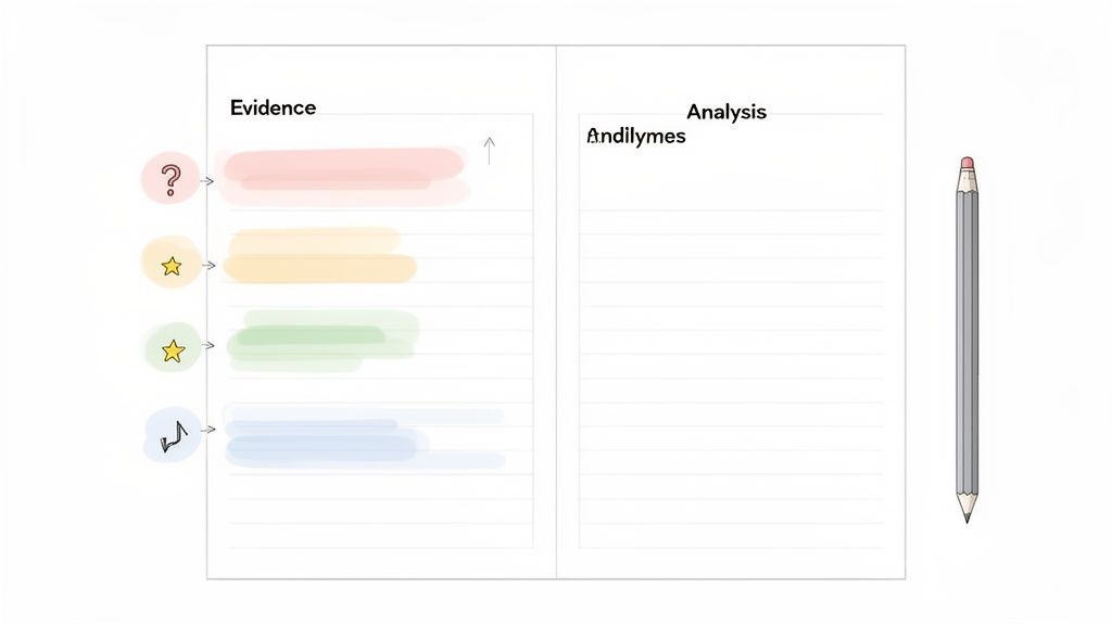 A structured note-taking page with 'Evidence' and 'Analysis' sections, featuring colored highlights and interactive icons.