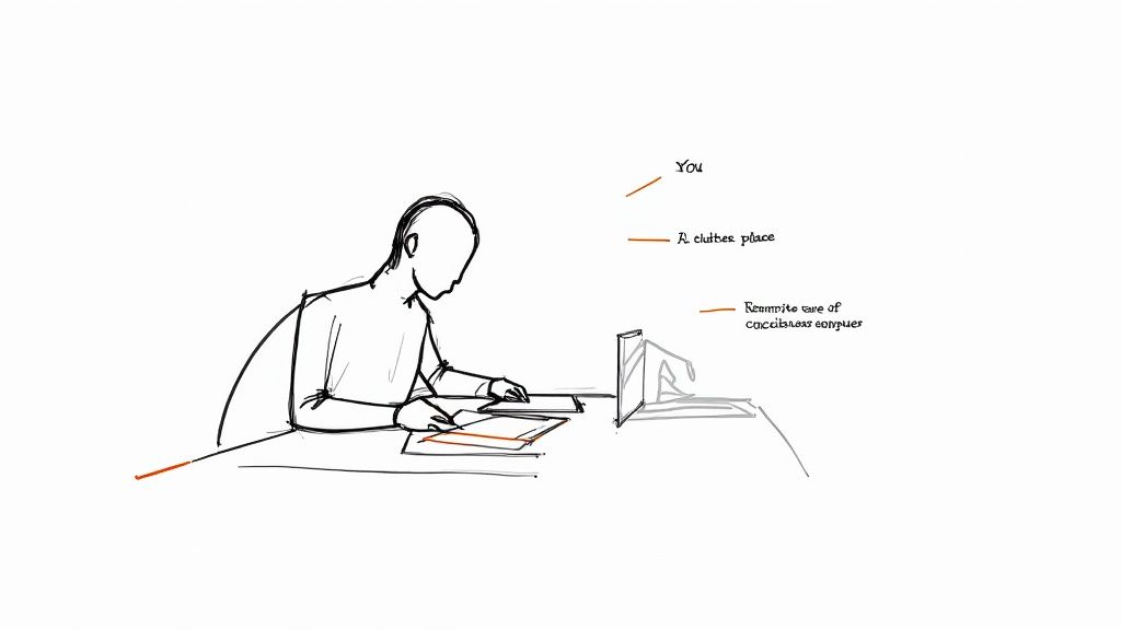 Sketch of a person sitting at a desk with papers, featuring text labels like 'You' and 'A clutter place'.