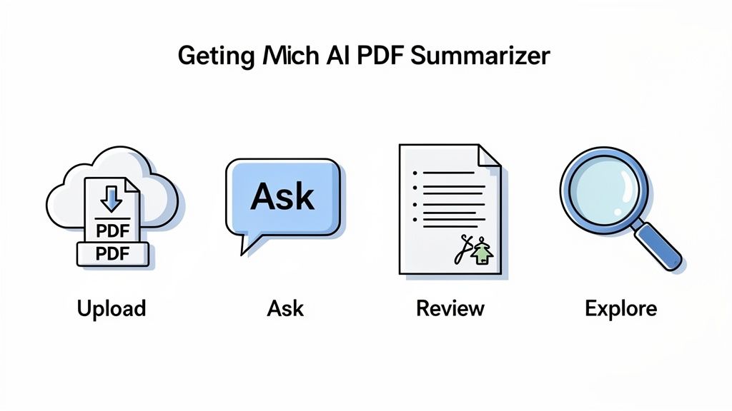 A visual guide illustrating four steps to use an AI PDF summarizer: upload, ask, review, and explore.