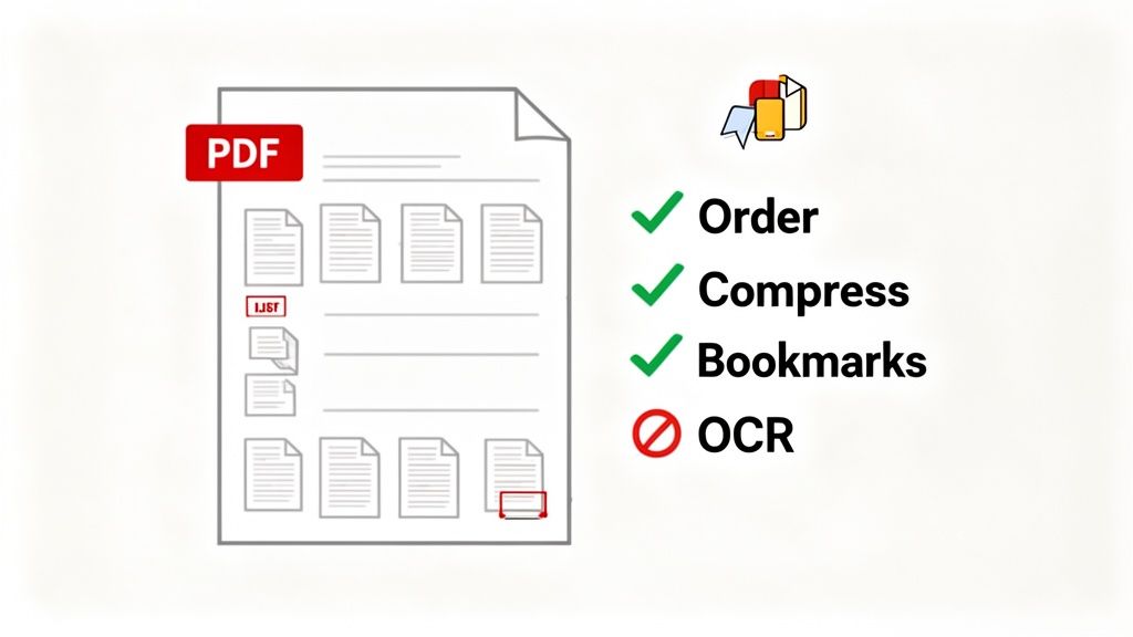 Illustration showing a large PDF file containing multiple pages, with features like order, compress, and bookmarks supported, but OCR not supported.