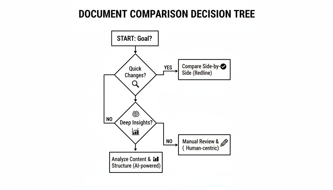 Flowchart illustrating document comparison strategies: side-by-side, AI-powered analysis, or manual review.