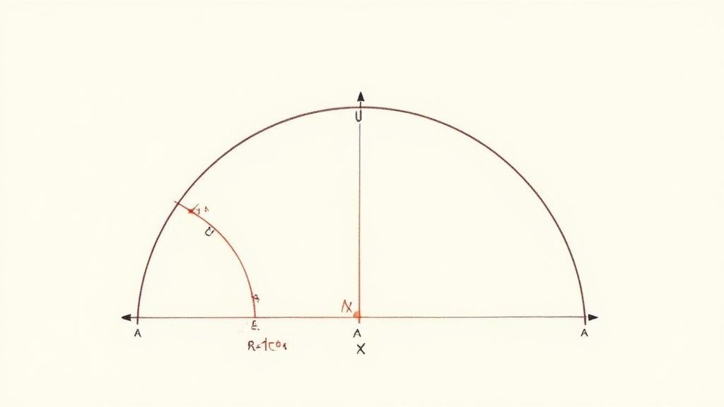 A geometric diagram with a large semicircle, axes, and points labeled A, U, E, X, N.