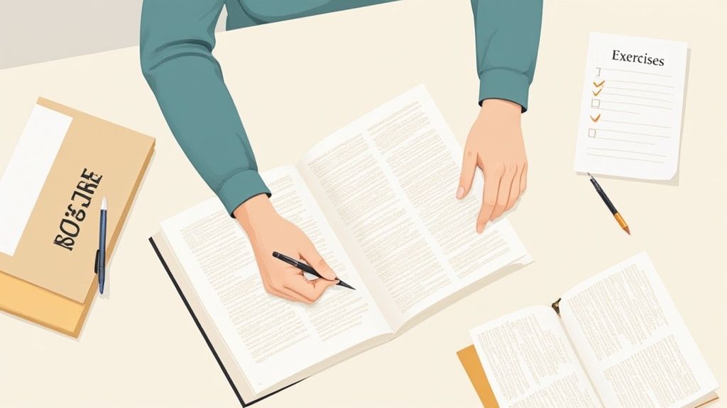 Overhead shot of someone studying, reading from open books and doing exercises with a pen.
