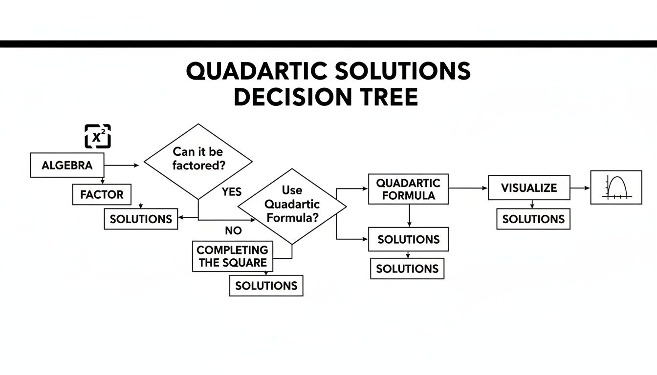 Flowchart showing a decision tree for solving quadratic equations using various algebraic methods.