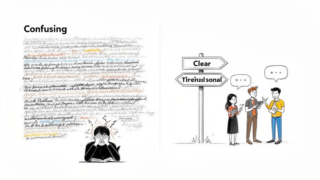 A visual contrasting confusing, illegible text and a stressed person with a clear signpost and communicating individuals.