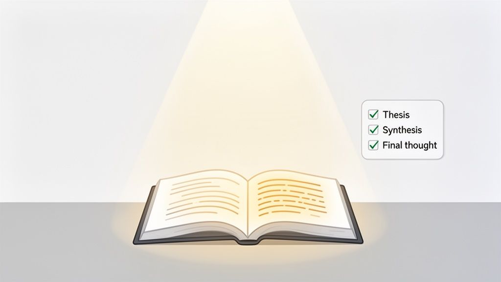 An open book illuminated by a spotlight, next to a checklist with Thesis, Synthesis, and Final thought checked.