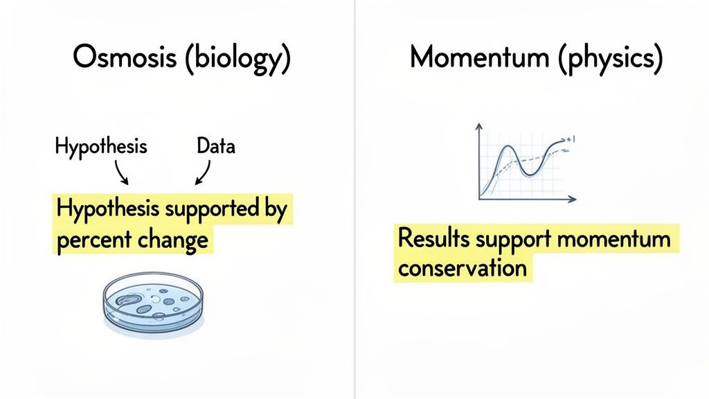 Scientific lab report examples contrasting biology osmosis with physics momentum data analysis.
