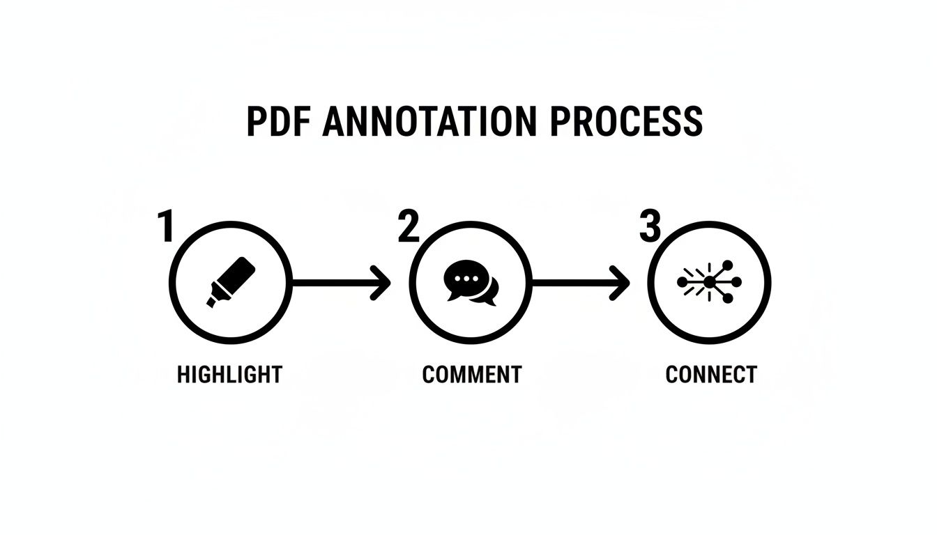 Diagram illustrating the PDF annotation process with three steps: Highlight, Comment, and Connect.