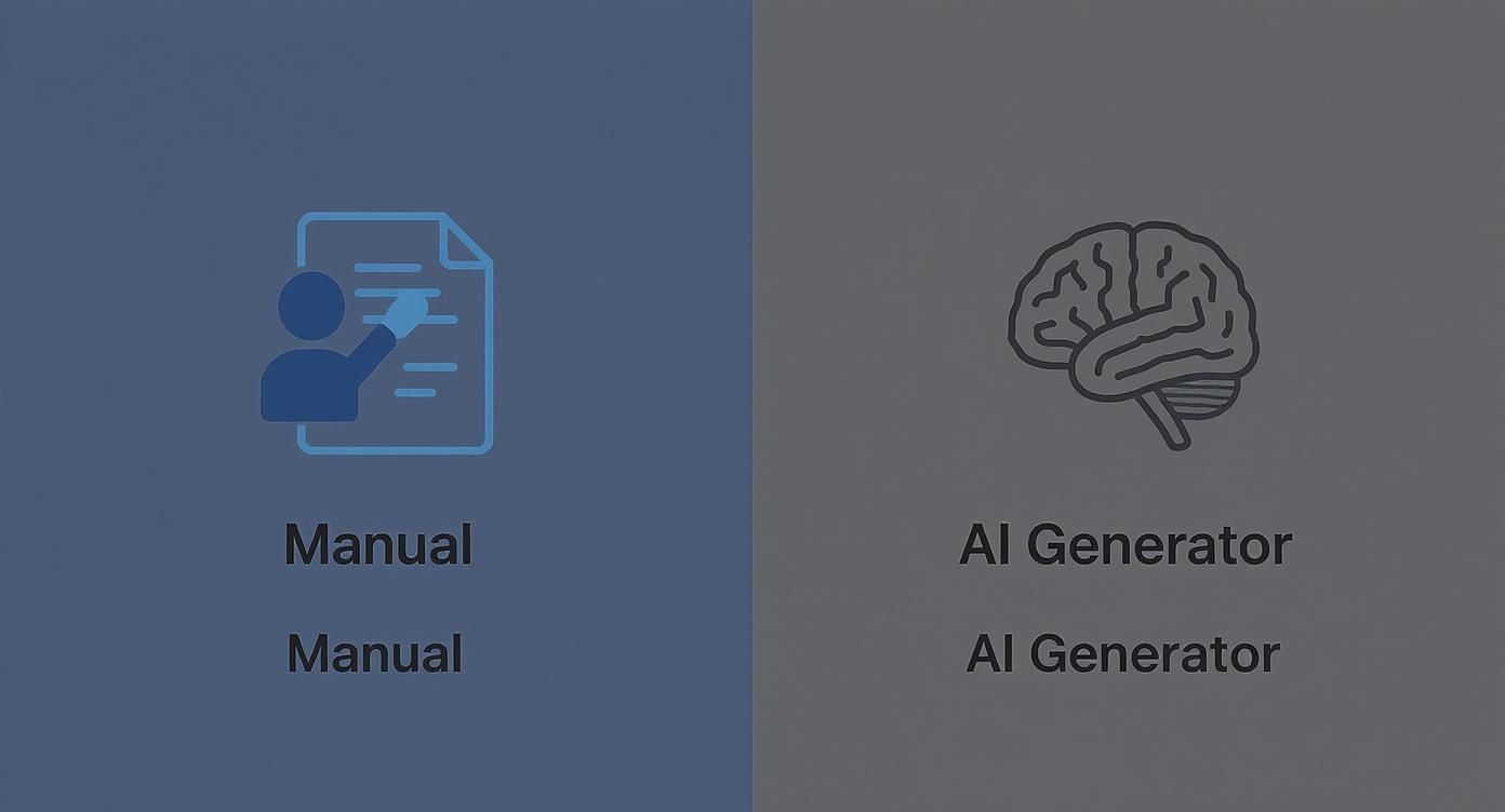 Two panels contrasting manual document editing with AI generator, featuring icons and text.