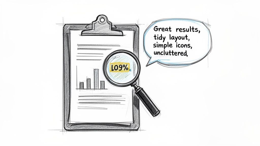 Hand-drawn illustration of a clipboard with a report, magnifying glass on 'L09%', and a speech bubble praising the results.