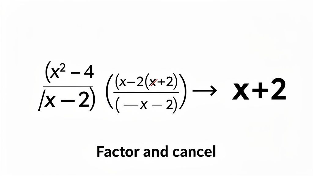 Mathematical problem demonstrating factoring and canceling algebraic expressions to simplify a rational function.