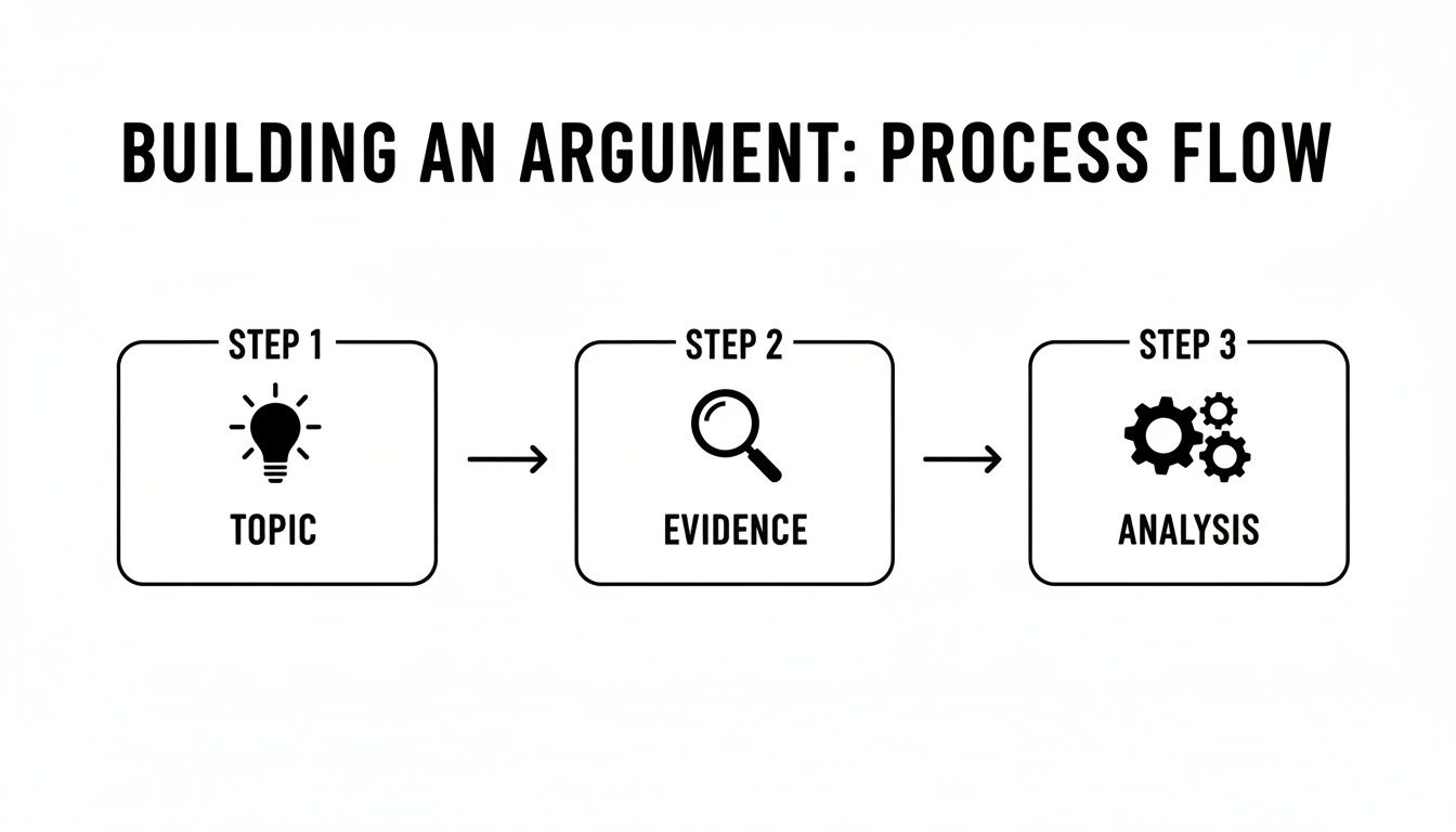 A process flow diagram illustrating how to build an argument: Topic (lightbulb), Evidence (magnifying glass), Analysis (gears).